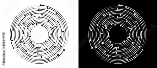 Abstract background with arrows and lines. Creative circle as logo or icon. Black lines on a white background and white lines on the black side.