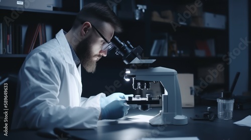 Medical laboratory  scientist hands using microscope for examining samples and liquid  Scientific and healthcare research background