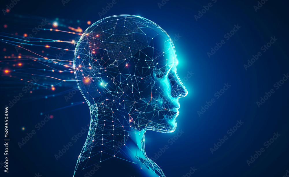 Futuristic medical technology abstract head abstract head graph of a person with graphs and cables on a background. Hi tech Wireframe human AI system concept - obrazy, fototapety, plakaty 