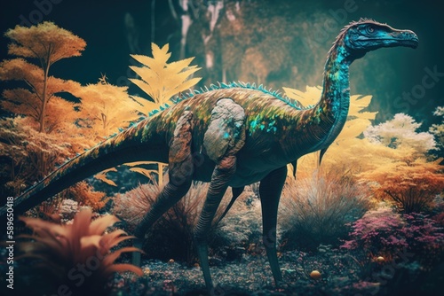 Ornithomimus Colorful Dangerous Dinosaur in Lush Prehistoric Nature by Generative AI photo