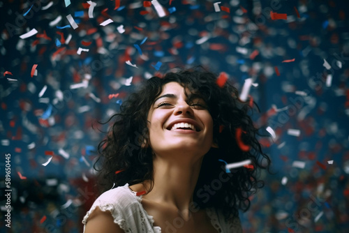 excited happy latina woman in red white and blue confetti rain celebrating - Generative AI