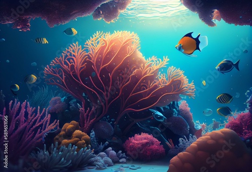 Tablou canvas cartoon illustration, underwater scene of the seabed with corals and algae, ai generative