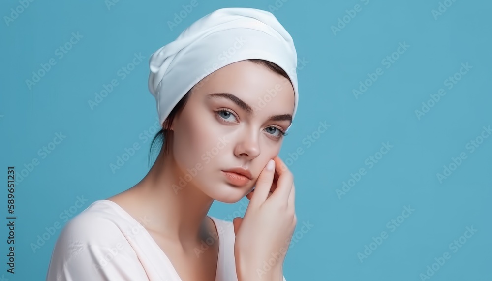 Woman with beautiful and healthy skin touching her face after using cosmetics. Sportswear colorful background. Generative AI Woman with beautiful and healthy skin touching her face after using cosmetics. Sportswear colorful background. Generative AI