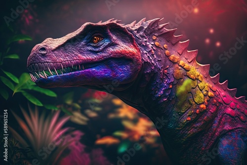 Segnosaurus Colorful Dangerous Dinosaur in Lush Prehistoric Nature by Generative AI photo