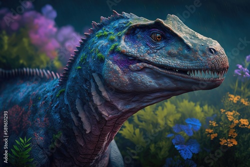 Segnosaurus Colorful Dangerous Dinosaur in Lush Prehistoric Nature by Generative AI photo