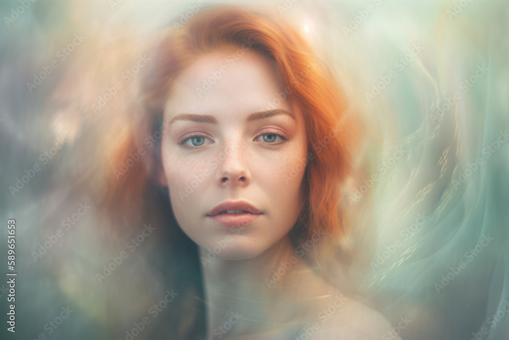 Artistic portrait of a woman with a dreamlike quality, featuring soft and ethereal colors and a blurred, abstract background, generative ai