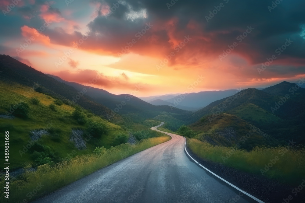 Winding asphalt road meandering into distant valley with lush green rolling hills and fiery sunset. Generative AI