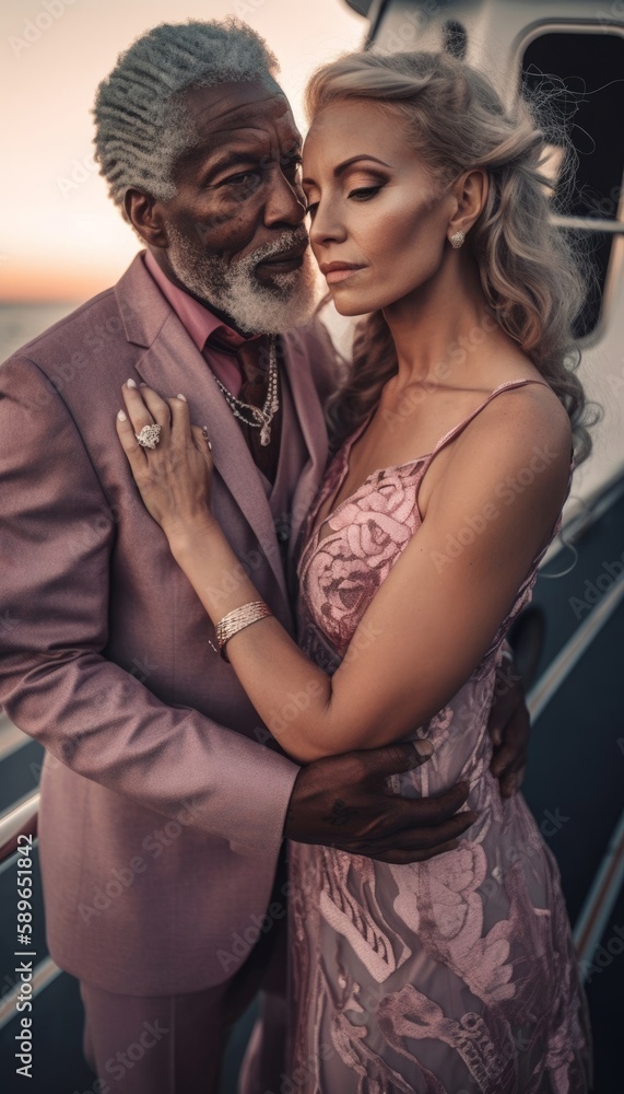 american couple in love, happy and beautiful people, an afro man and a beautiful girl, hugging against the backdrop of an expensive yacht during a wedding ceremony. Generative AI. american couple in love, happy and beautiful people, an afro man and a beautiful girl, hugging against the backdrop of an expensive yacht during a wedding ceremony. Generative AI.
