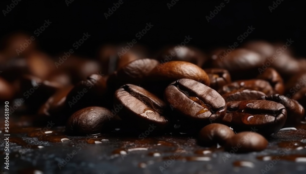 Roasted coffee beans closeup on dark defocussed and blurred background. Generative AI Roasted coffee beans closeup on dark defocussed and blurred background. Generative AI