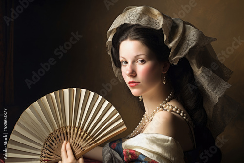 Attractive Renaissance Woman with a Fan, generative ai