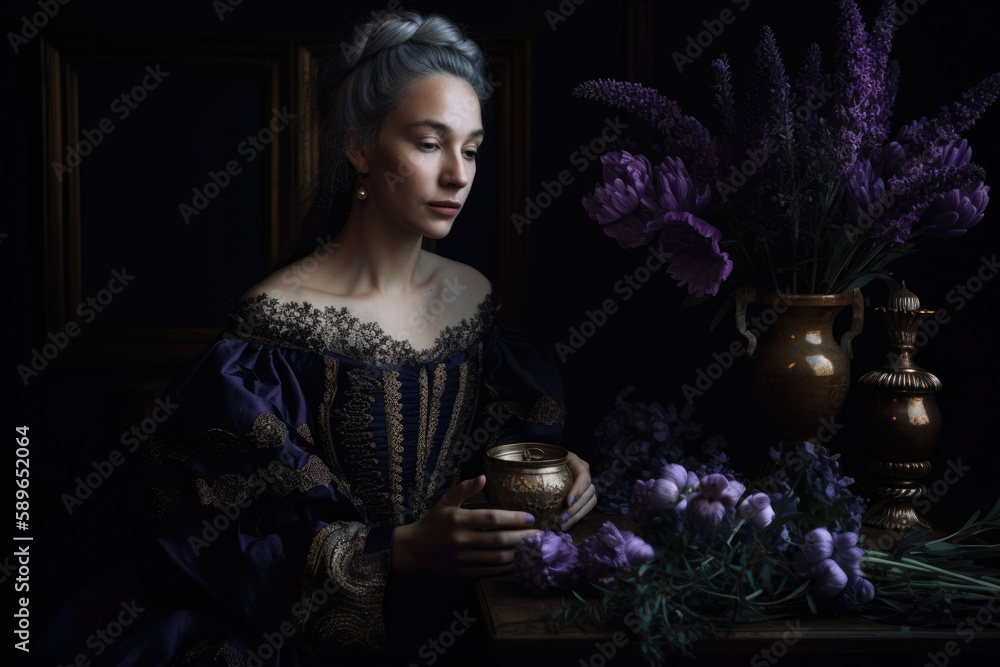 Baroque Woman with Lavender Flowers and a Dark Background, generative ai Baroque Woman with Lavender Flowers and a Dark Background, generative ai