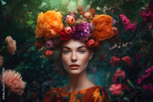 Artistic portrait of a woman with a floral headpiece, surrounded by blooming flowers in a garden setting, generative ai photo