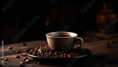 Cup of coffee and coffee beans on old wooden table and black grunge background. Generative AI
