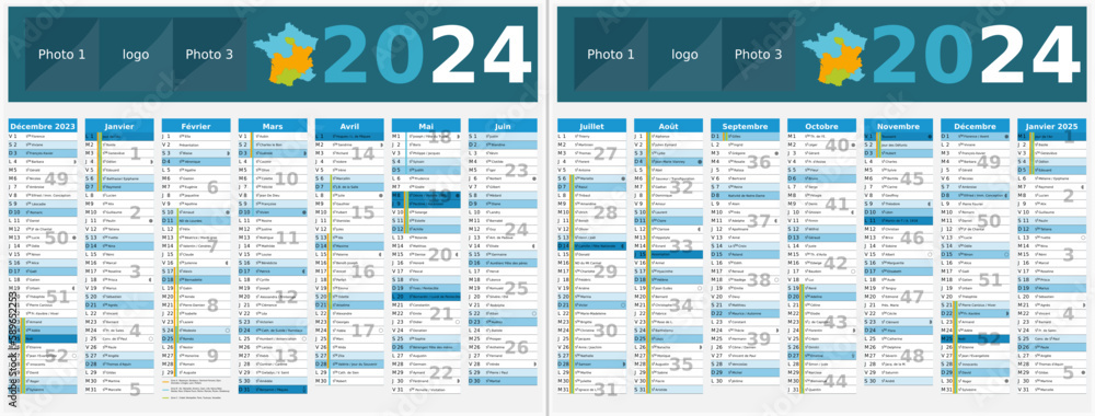Calendrier 2024 14 mois au format 320 x 420 mm recto verso entièrement modifiable via calques et texte sans serif - vacances officielles