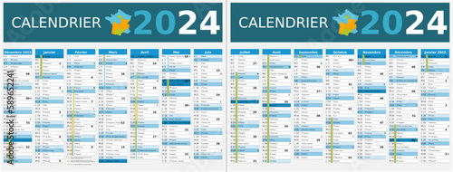 Calendrier 2024 14 mois au format 320 x 420 mm recto verso entièrement modifiable via calques et texte sans serif - vacances officielles