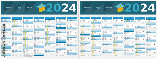 Calendrier 2024 14 mois au format 320 x 420 mm recto verso entièrement modifiable via calques et texte sans serif	 - vacances officielles
