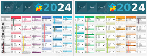 Calendrier 2024 14 mois au format 320 x 420 mm recto verso entièrement modifiable via calques et texte sans serif - vacances officielles