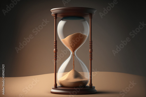 Realistic illustration of an hourglass with sand flowing from the top to the bottom. The intention is to show the hourglass as a timeless symbol of the passage of time. Generative AI