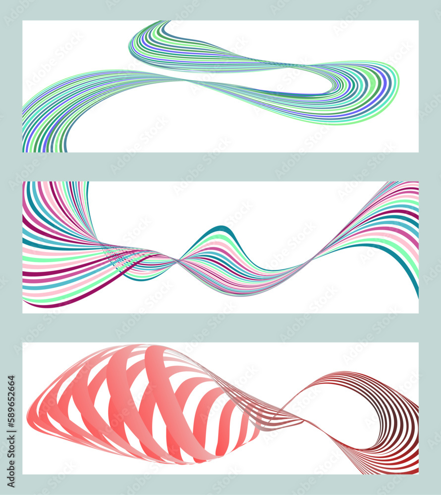 Wavy lines or ribbons. Set of 3 backgrounds. Multicolored striped gradient. Creative unusual background with abstract gradient wave lines to create a trendy banner, poster. vector eps Wavy lines or ribbons. Set of 3 backgrounds. Multicolored striped gradient. Creative unusual background with abstract gradient wave lines to create a trendy banner, poster. vector eps