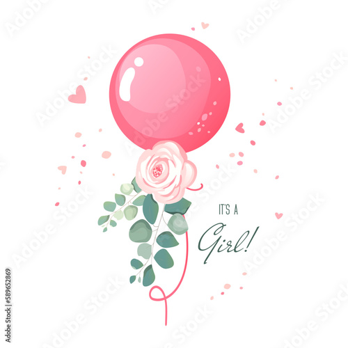 Vector illustration with pink balloon, confetti and flower for a baby shower invitation, greeting card. It's a girl 