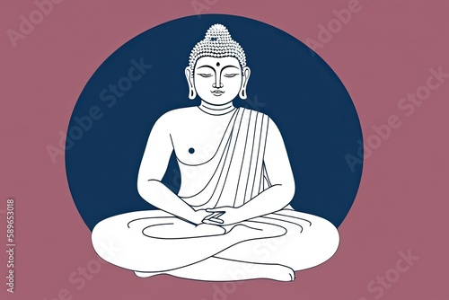 A flat illustration of the face of Buddha, with a serene expression, adorned with the Sanskrit Om Mani Padme made with Generative AI technology