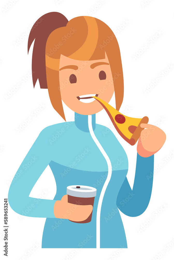 Girl eating pizza and drinking coffee. Fast food concept