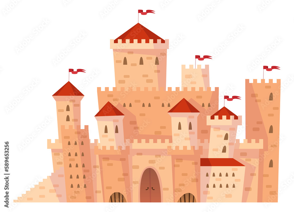Cartoon royal palace. Medieval castle with red roofs and flags