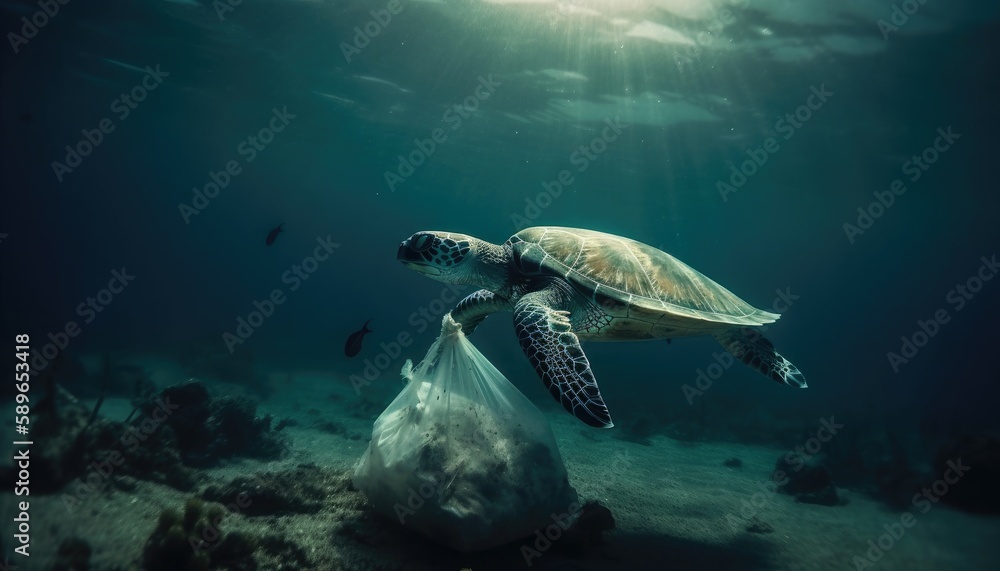 Obraz premium Under the ocean, a photo with garbage, caretta caretta and fish. Environmental pollution concept. Generative AI
