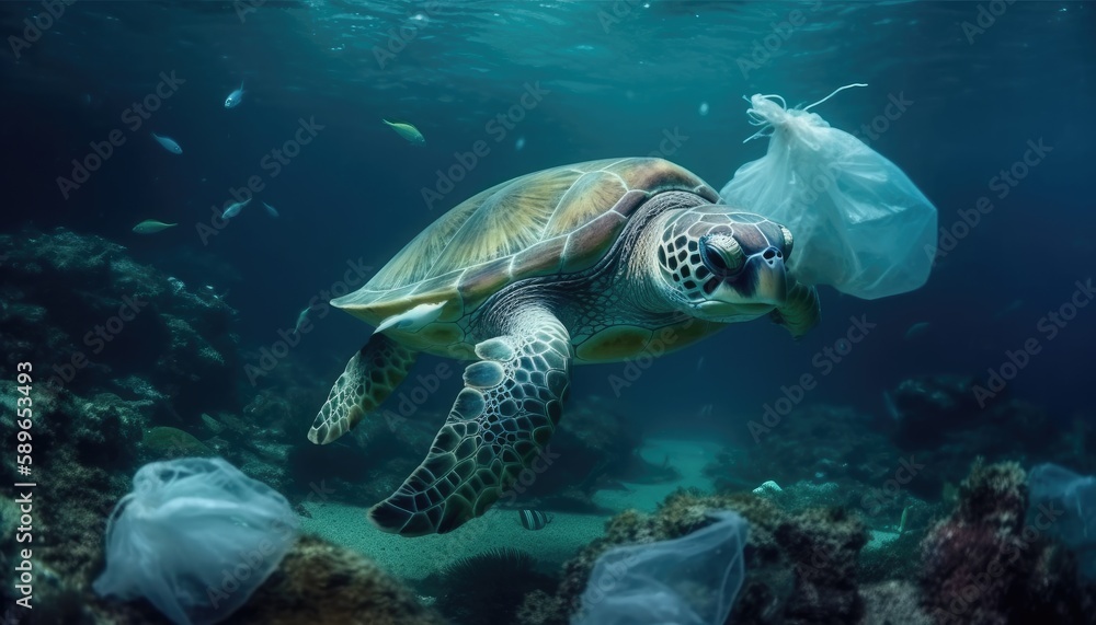 Obraz premium Under the ocean, a photo with garbage, caretta caretta and fish. Environmental pollution concept. Generative AI