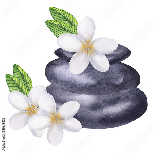 Watercolor composition of stones and frangipani. Dark basalt pyramid with a tropical flower. Hand drawn watercolor illustration isolated on white background. For your design  advertising  cosmetics.