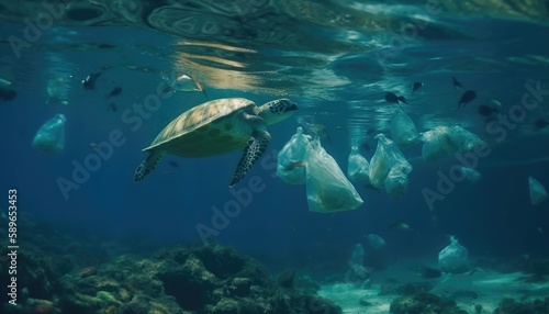 Under the ocean, a photo with garbage, caretta caretta and fish. Environmental pollution concept. Generative AI