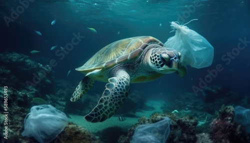 Under the ocean  a photo with garbage  caretta caretta and fish.  Environmental pollution concept. Generative AI