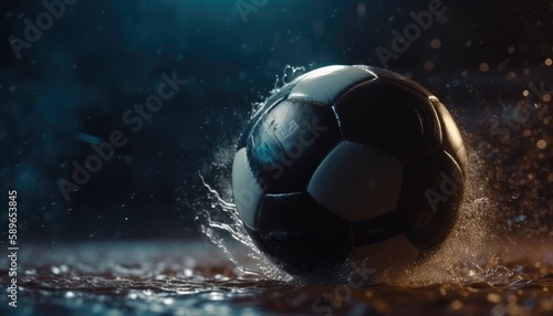 Soccer ball standing in middle of soccer field in rainy weather under evening spotlights. Generative AI © Mustafa
