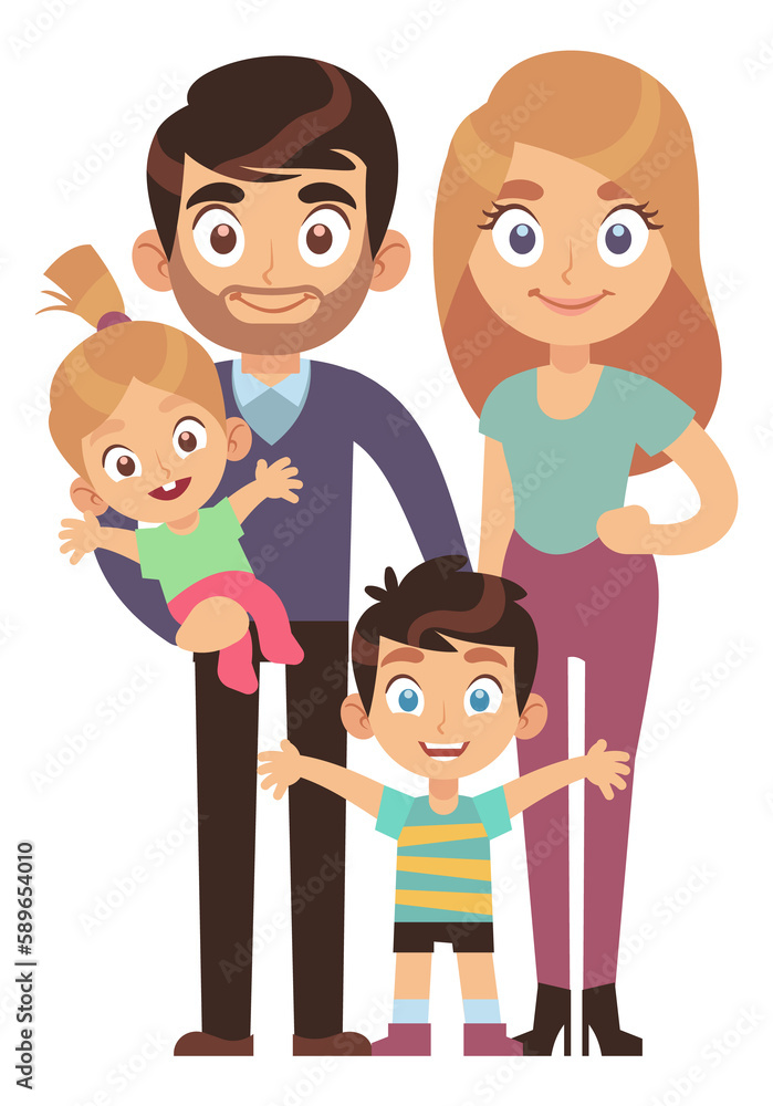 Happy couple with two children. Smiling family characters Happy couple with two children. Smiling family characters