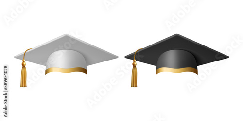 Vector 3d Realistic White and Black Graduate College, High School, University Cap Icon Set Closeup Isolated. Vector Degree Ceremony Hat. Educational Student Symbol, Hat. Front View