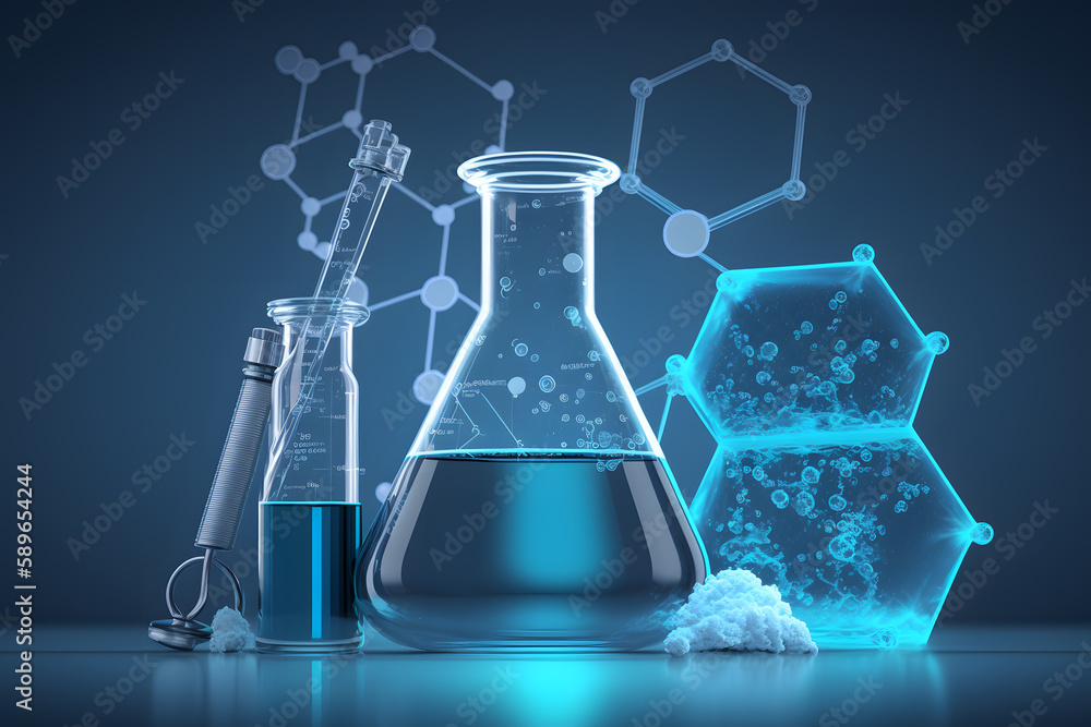 beaker and flask in science laboratory with chemical structure blue ...