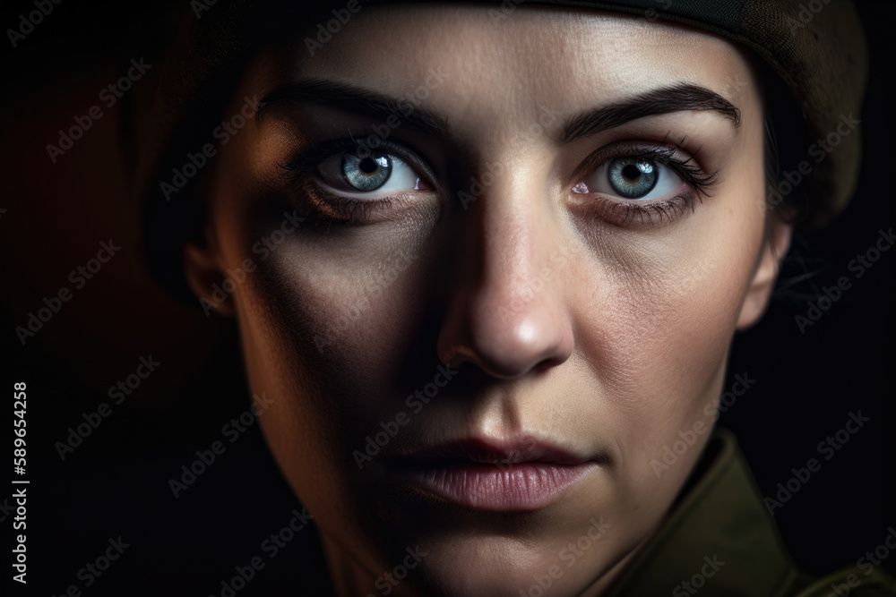 Close-up of a Woman in Military Uniform with an Intense Stare and Dramatic Lighting, generative ai