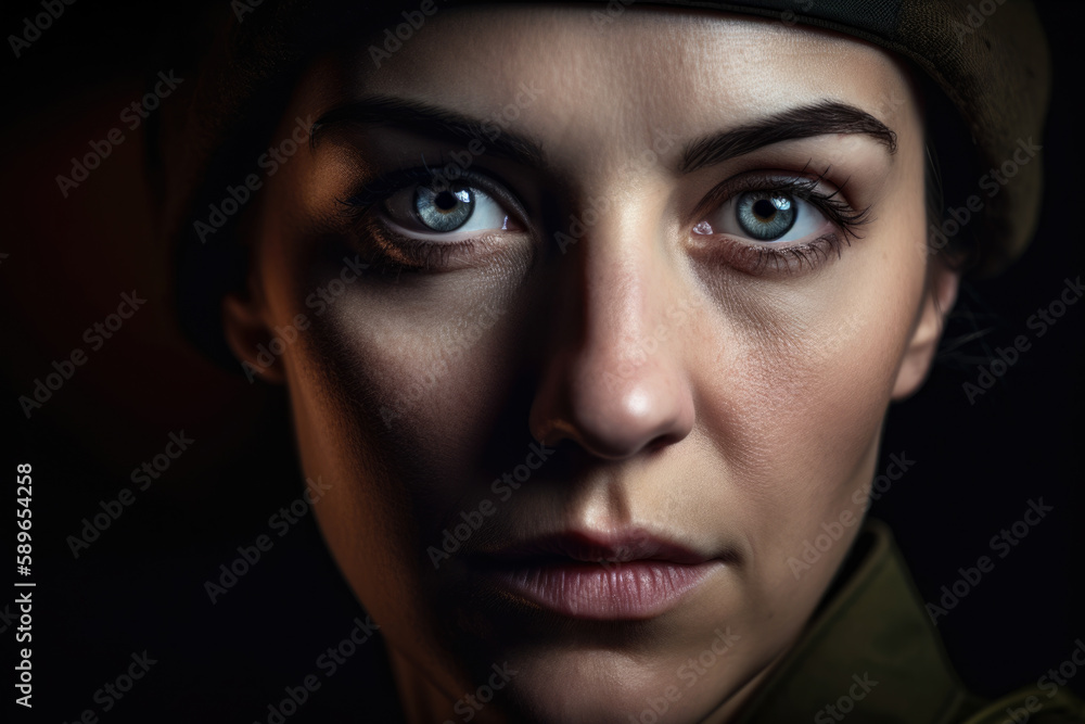 Close-up of a Woman in Military Uniform with an Intense Stare and Dramatic Lighting, generative ai Close-up of a Woman in Military Uniform with an Intense Stare and Dramatic Lighting, generative ai