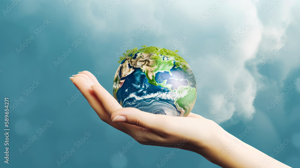 Globe in hands over blue sky background. Earth day concept.Save of earth. Generative ai Globe in hands over blue sky background. Earth day concept.Save of earth. Generative ai