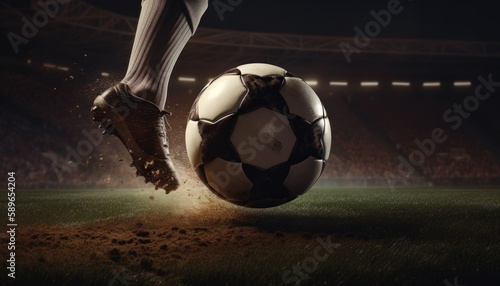 Foot of football player hitting soccer ball fast in stadium. Generative AI © Mustafa