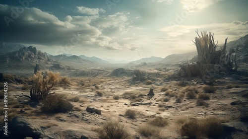 Unreal Engine's Hyper-Detailed Cinematic Landscapes: A Beautifully Color Graded Barren Wilderness Dotted with Insane Remnants of Human Civilizatio, Generative ai photo