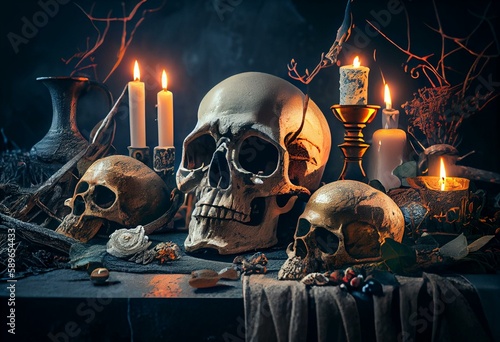 Halloween Background with Candles and Skull. Spooky Cemetery Tabletop. Generative AI