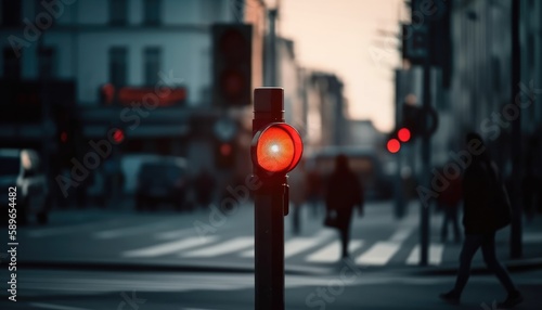 City pedestrian crossing with a red light, defocussed and blurred street background. Generative AI