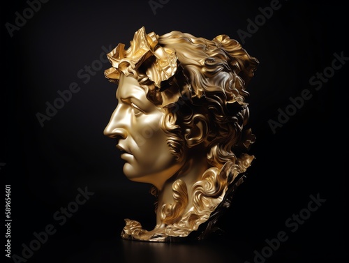 Golden sculpture of a woman's face on a black background.