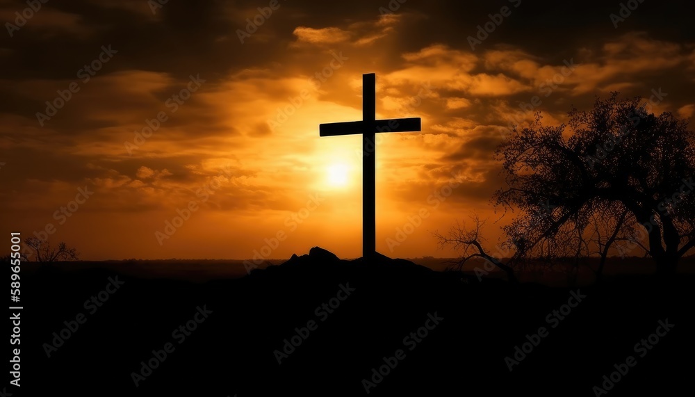 Good friday theme with cross silhouette on golden sunset sky. Generative AI Good friday theme with cross silhouette on golden sunset sky. Generative AI