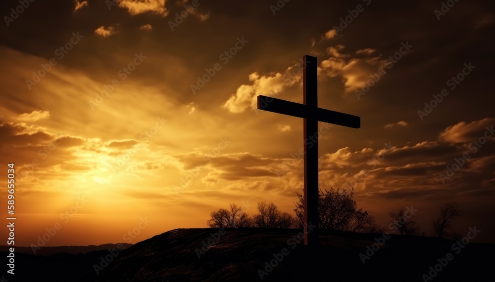 Good friday theme with cross silhouette on golden sunset sky. Generative AI