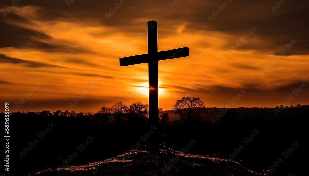 Good friday theme with cross silhouette on golden sunset sky. Generative AI