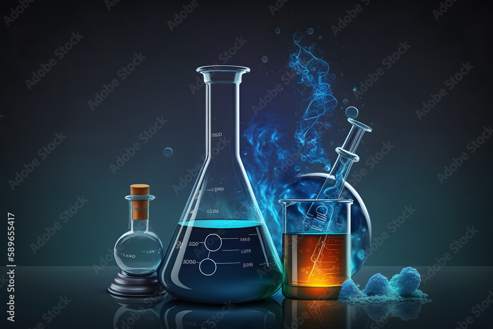 beaker and flask in science laboratory with chemical structure blue ...