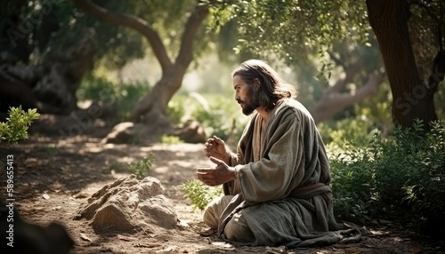 Photograph of Jesus praying in the garden of Gethsemane. Generative AI © Mustafa