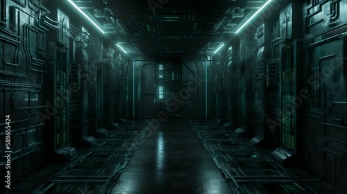 Dark sci-fi space station walls and hulls in interior with leds and neon lamps generative ai